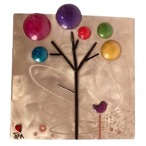 Whimsical Balloon Tree And Birds Handcrafted Mixed Media Wall Art Decor Signed